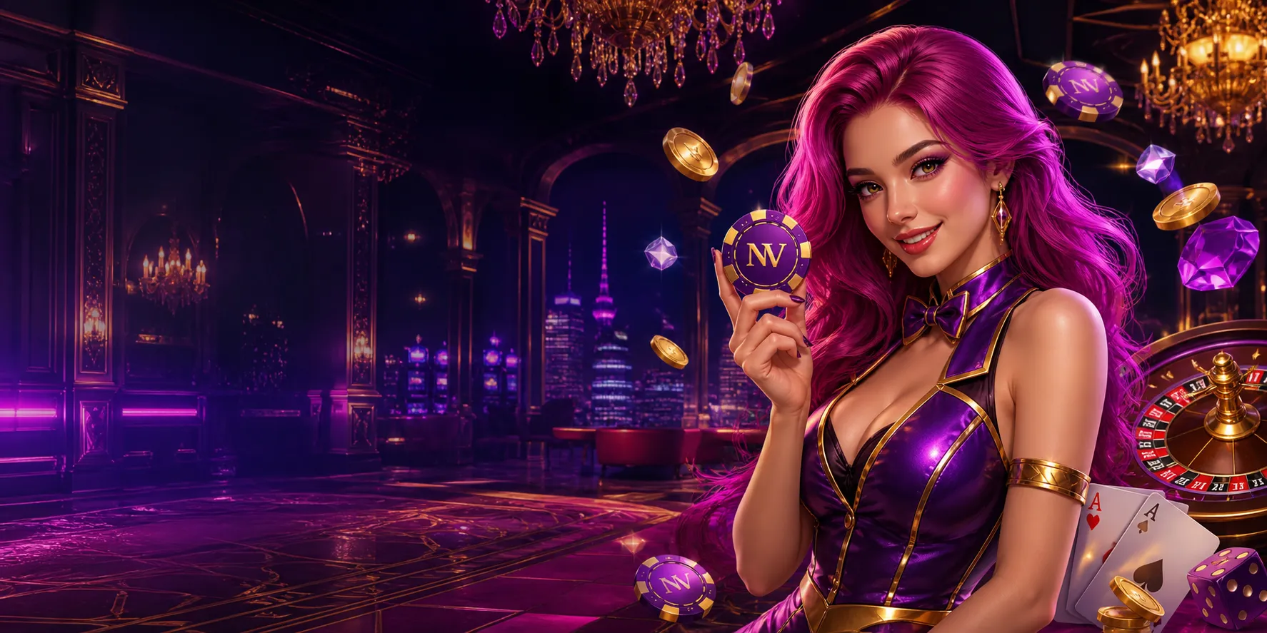 Promo casino banner featuring a stylized glamorous hostess on the right with a casino atmosphere and space for text on the le